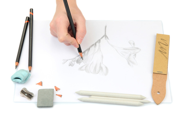 Hand draws a sketch with professional art materials, isolated on white - Zdjęcie, obraz