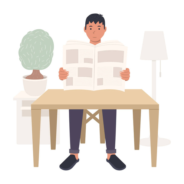 Молодой парень садится за стол и читает газету, мужчина читает газету или журнал плоские векторные иллюстрации. Мебель для дома и комнатные растения
. - Вектор,изображение