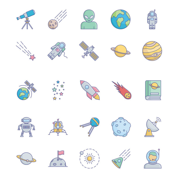 Space and Planets Isolated Vector icons set every single icons can be easily modified or edit this set include with Collision, comet, Alien, fiction, science, ship, ufo, screen, Communication, radio, tower, Electricity, orientation and planet icons - Vektor, obrázek