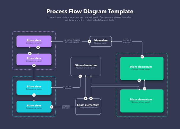 Moderne Prozessflussdiagramm-Layout-Vorlage - dunkle Version. Flaches Design, einfach zu bedienen für Ihre Website oder Präsentation. - Vektor, Bild