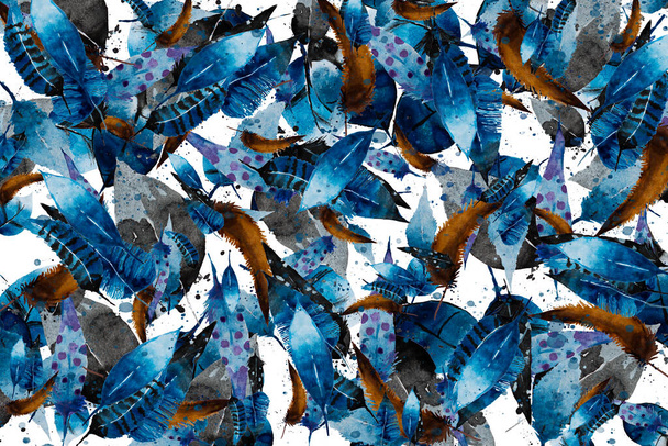 Illustration, Muster, abstrakte Aquarellfedern auf weißem Hintergrund - Foto, Bild