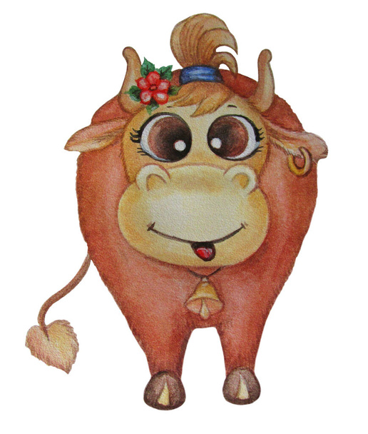 Cute cow. Funny brown cow with an earring in his ear and a bell in his neck. Red flower on the head. Watercolor illustration of a pet on a white background. 2021 Year of the bull. photo - Photo, Image