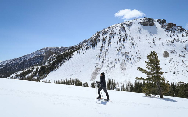 MAMMOTH LAKES, CALIFORNIA, UNITED STATES - Mar 20, 2018: A snowshoer walks the slopes of snow covered mountains in the town of Mammoth Lakes. - Fotó, kép