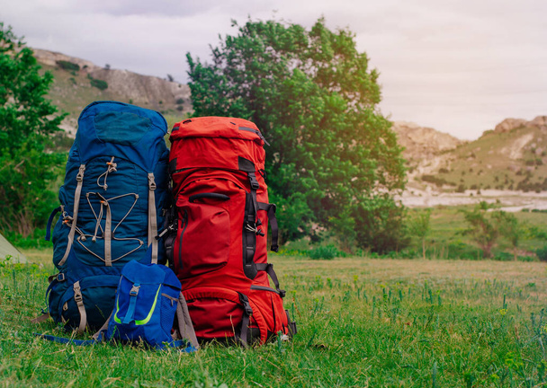 Family activity leisure concept: Three tourist backpacks on the summer meadow in front of mountains; selective focus - 写真・画像