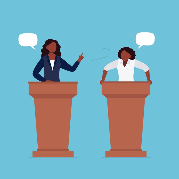 アフリカ系アメリカ人女性が議論に参加している。政府の労働者のペアは、互いに話し合い、問題を議論したり、紛争を抱えています。平面ベクトル図. - ベクター画像