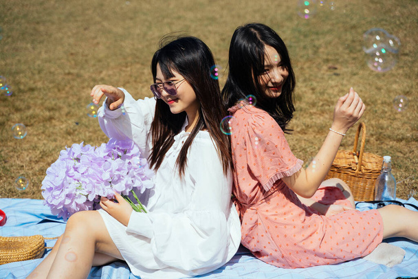 Дві дівчини, що сидять на килимку на полі, грають у бульбашкові та пурпурові квіти
. - Фото, зображення