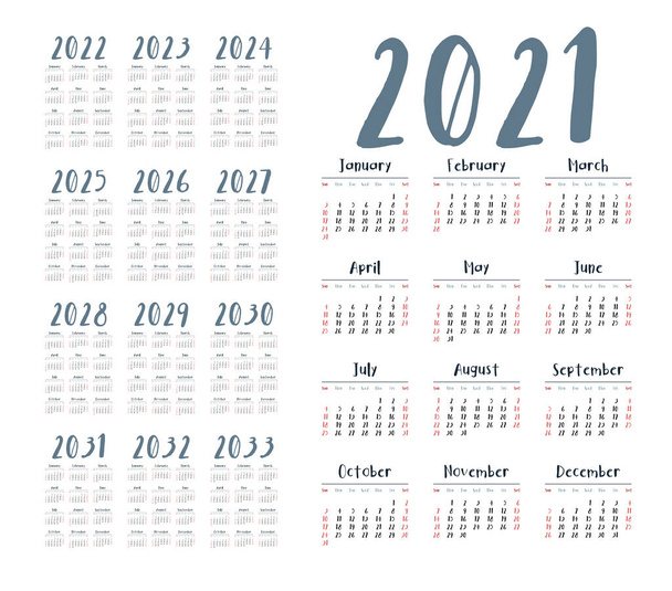 Anglický kalendář pro roky 2021-2033, týden začíná v neděli - Vektor, obrázek
