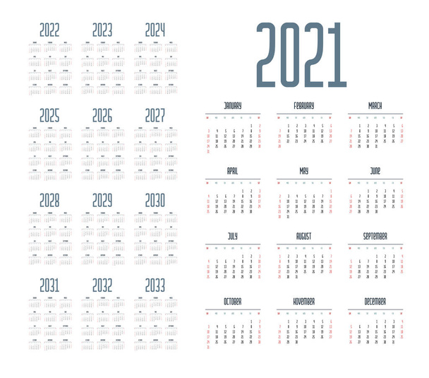 Αγγλικό ημερολόγιο για χρόνια 2021-2033, η εβδομάδα ξεκινά την Κυριακή - Διάνυσμα, εικόνα