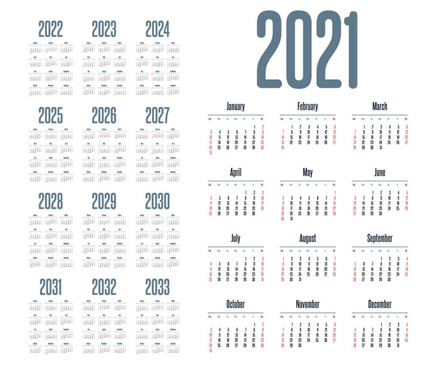 Yıl 2021-2033 için İngilizce takvimi, hafta Pazar günü başlar - Vektör, Görsel