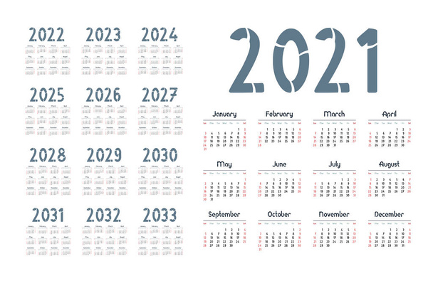Англійський календар за рік 2021-2033, тиждень починається в неділю - Вектор, зображення