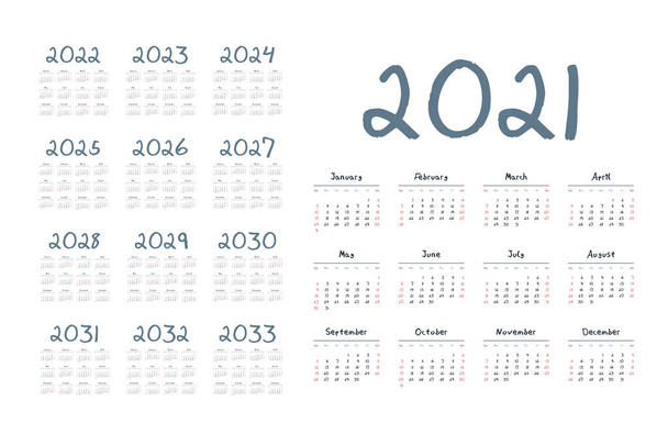 Anglický kalendář pro roky 2021-2033, týden začíná v neděli - Vektor, obrázek