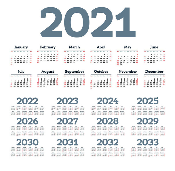 Calendario Inglés para los años 2021-2033, la semana comienza el domingo
 - Vector, imagen