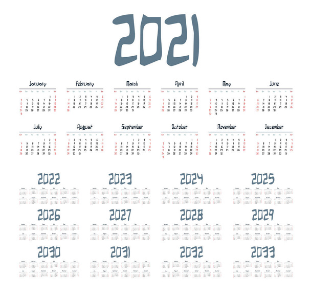 Англійський календар за рік 2021-2033, тиждень починається в неділю - Вектор, зображення