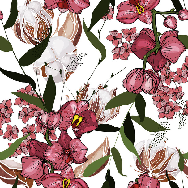 Vaaleanpunainen pastelli kukkivat kukat orkideat vihreät lehdet, puuvilla silmut. Realistinen eristetty saumaton kukka kuvio tekstiili, muoti, kangas, web ja kansi. Käsin piirretty tapetti kasvitieteellinen tulostaa. Vektoriesimerkki. - Vektori, kuva