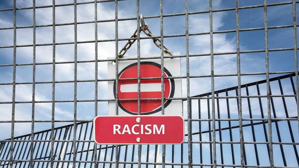 Señal callejera el camino hacia la integración versus el racismo
 - Foto, imagen