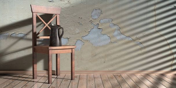 Kovový džbán na klasické dřevěné židli. Interiér obývacího pokoje, oloupaná vybledlá stěna a dřevěné podlahy, kopírovací prostor. 3D ilustrace - Fotografie, Obrázek