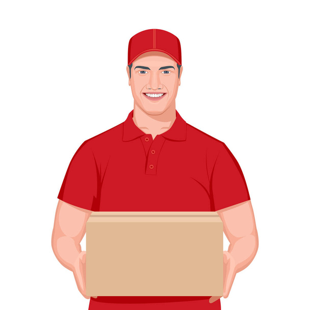 El concepto de entrega. El empleado del repartidor en uniforme rojo de la camiseta, y la tapa sostienen la caja vacía del cartón aislada en fondo blanco. Ilustración vectorial realista
 - Vector, imagen
