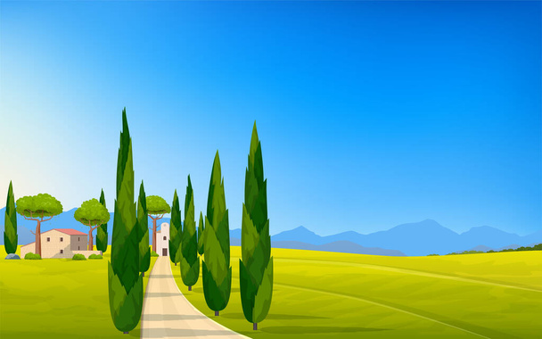 Italy. Italian morning landscape. Wide panorama rural countryside in spring or summer. Meadows, mountains and houses. Vector illustration - Vector, Image