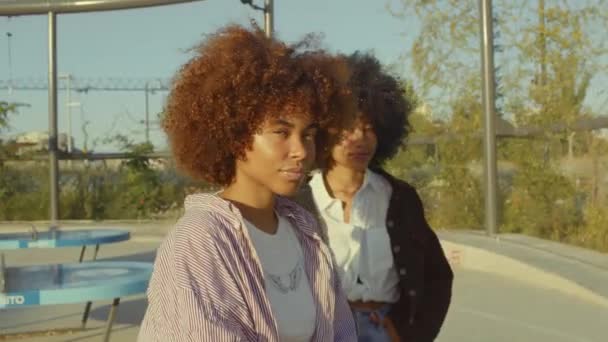 πορτρέτο δύο μαύρων γυναικών μικτής φυλής στο πάρκο την ανατολή του ηλίου  - Πλάνα, βίντεο