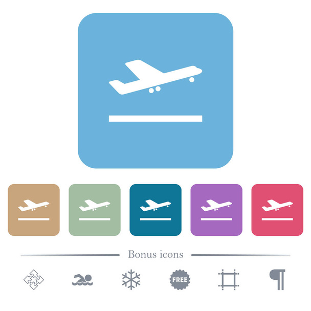 Літак знімає білі плоскі піктограми на закругленому квадратному фоні. 6 бонусних піктограм включено
 - Вектор, зображення