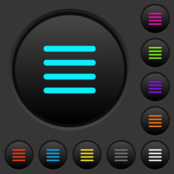 Alineación de texto justificar botones oscuros con iconos de color vivos sobre fondo gris oscuro
 - Vector, imagen