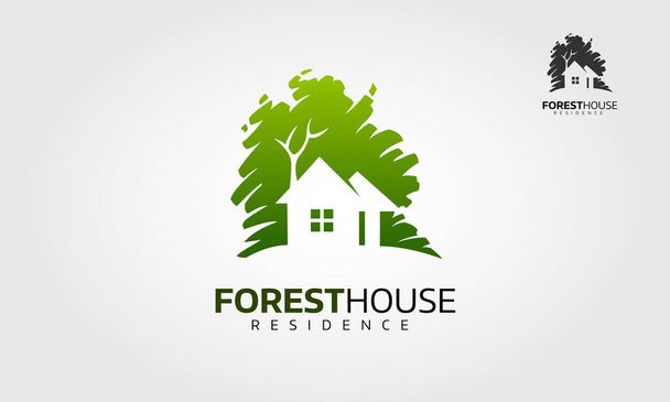 Forest House Residence Logo Illustratie. Vector logo ontwerp template van bos en huis dat gemaakt is van een eenvoudige kras. Vectorsilhouet bouwen.  - Vector, afbeelding