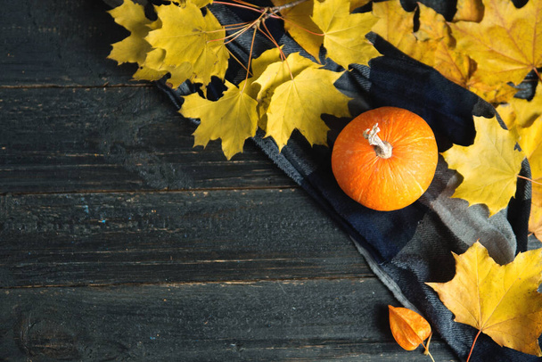 Fondo de Acción de Gracias con hojas de arce de otoño y calabazas naranjas con espacio para copiar
 - Foto, Imagen