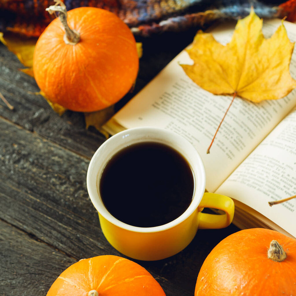Autumn background for thanksgiving or seasonal holiday. Coffee mug, pumpkin and colorful leaves on dark background - Photo, Image