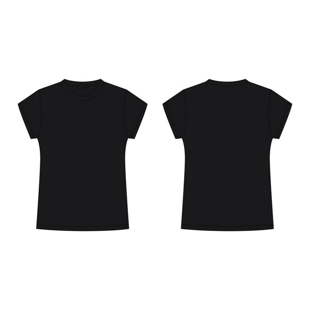 Childrens black t-shirt blank template vector illustration. Technical sketch tee shirt isolated on white background. Casual style. Front and back. - Vecteur, image