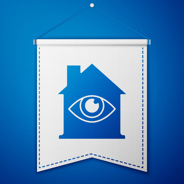 Голубой дом с иконкой сканирования глаз, изолированной на синем фоне. Сканирующий глаз. Символ проверки безопасности. Знак кибер-глаза. Шаблон белого вымпела. Вектор
. - Вектор,изображение