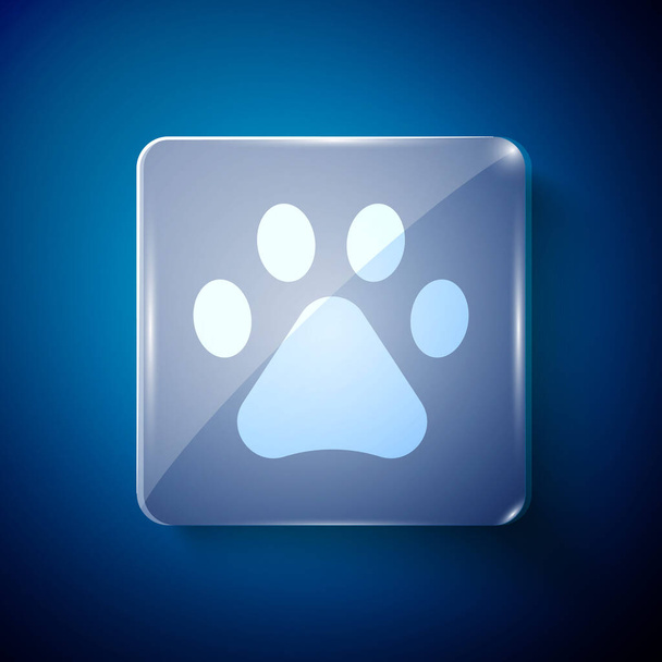 White Paw print icon isolated on blue background. Dog or cat paw print. Animal track. Square glass panels. Vector. - ベクター画像