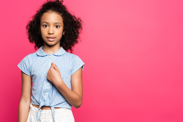 cute curly african american kid pointing with finger at herself isolated on pink - Photo, Image