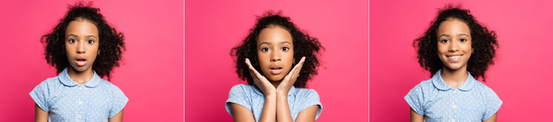 Collage von süßen lockigen afrikanisch-amerikanischen Kind zeigt Emotionen isoliert auf rosa - Foto, Bild