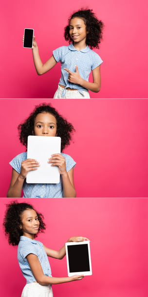 collage of smiling cute curly african american kid with digital tablet and smartphone isolated on pink - Photo, Image