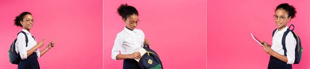 collage of smiling african american schoolgirl in glasses with backpack and digital tablet on pink - Foto, afbeelding