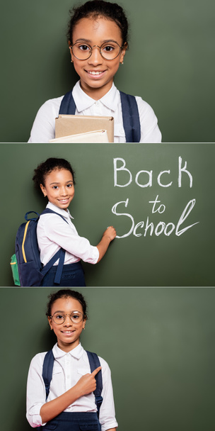 collage van glimlachend Afrikaans Amerikaans schoolmeisje met rugzak schrijven terug naar school inscriptie op groen schoolbord - Foto, afbeelding