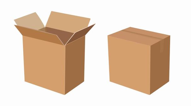 Wektorowy zestaw pudełek kartonowych, otwartych i zamkniętych - Wektor, obraz