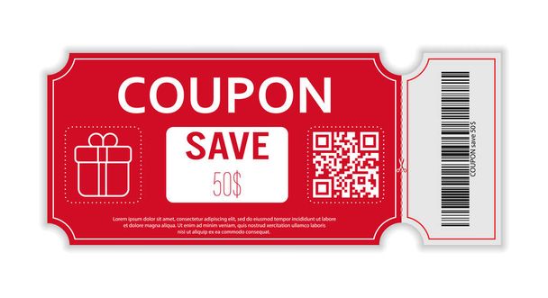 Coupon with real barcode and QR code for 50 percent off sale for stores, trade and business. Simple design - Вектор,изображение