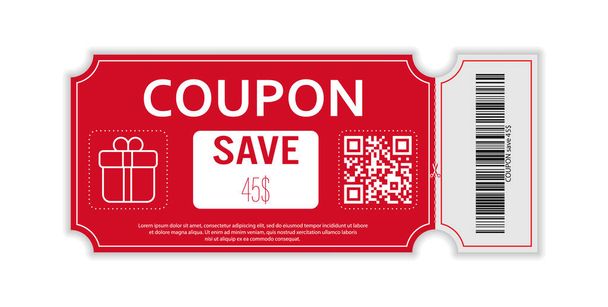 Coupon with real barcode and QR code for 45 percent off sale for stores, trade and business. Simple design - Вектор,изображение