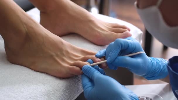 Pedicure process. Home salon pedicure. Foot care treatment and nail. The process of professional pedicures. Master in blue gloves make pedicure with manicure  machine.         - Footage, Video