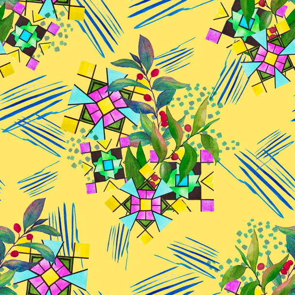 Creative seamless pattern with olive branches and abstract elements. Colorful texture for any kind of a design. Contemporary art. Trendy vintage style. - Foto, Imagen