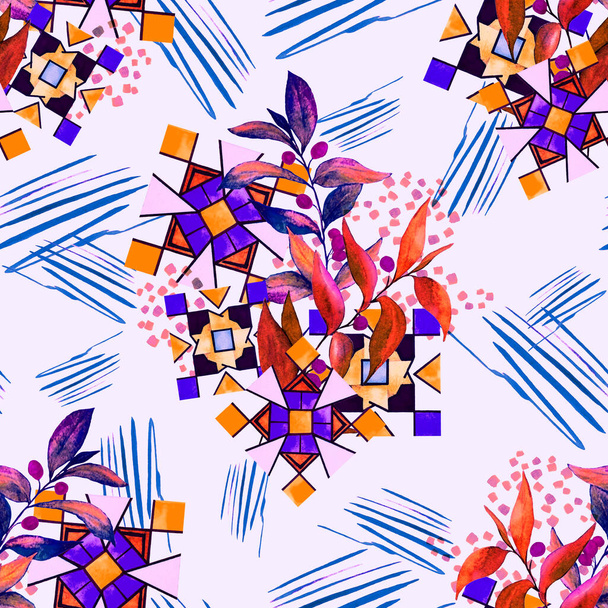Creative seamless pattern with olive branches and abstract elements. Colorful texture for any kind of a design. Contemporary art. Trendy vintage style. - Photo, Image