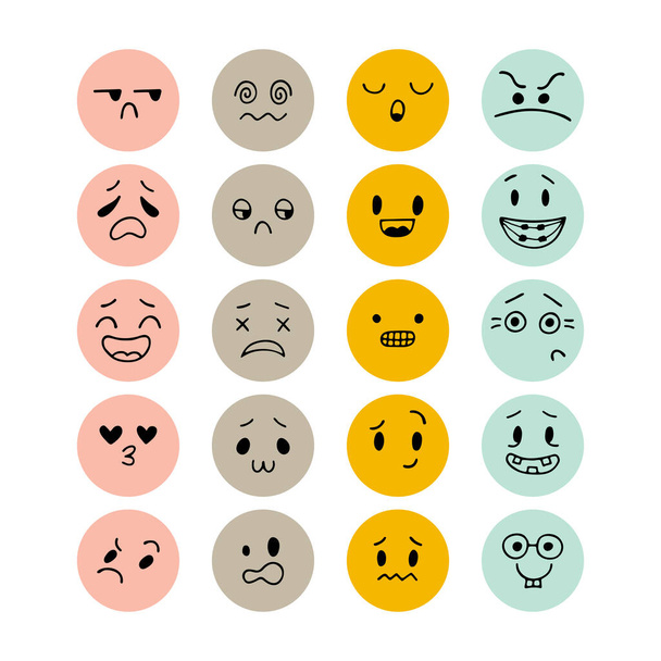 Set di facce sorridenti disegnate a mano. Imposta espressioni facciali schizzate. Collezione di personaggi emotivi dei cartoni animati. Icone Emoji. Felice stile kawaii. Illustrazione vettoriale - Vettoriali, immagini