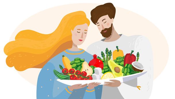 Casal com o grande prato de alimentos orgânicos sãos - verduras e frutos. Conceito de mesma nutrição na família. Homem barbudo com mulher. Para promo saúde vegan e vegetariano, estilo de vida saudável - Vetor, Imagem