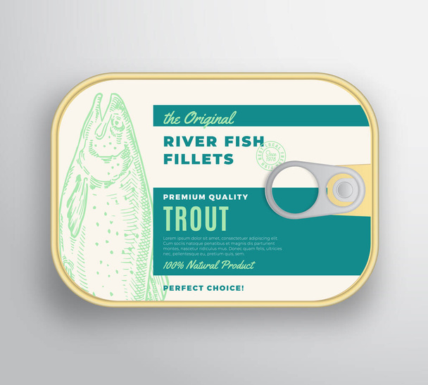 Abstract Vector River Fish Fillets Aluminium Container with Label Cover. Premium Canned Packaging Design. Retro Typography and Hand Drawn Trout Silhouette Background Layout. - Διάνυσμα, εικόνα