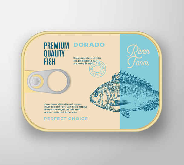 Abstract Vector Fish Aluminium Container with Label Cover. Retro Premium Canned Packaging Design. Modern Typography and Hand Drawn Dorado or Dorada Silhouette Background Layout. - Wektor, obraz