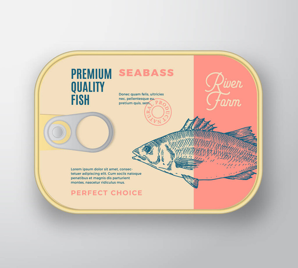 Abstract Vector Fish Aluminium Container with Label Cover. Retro Premium Canned Packaging Design. Modern Typography and Hand Drawn Sea Bass Silhouette Background Layout. - Wektor, obraz