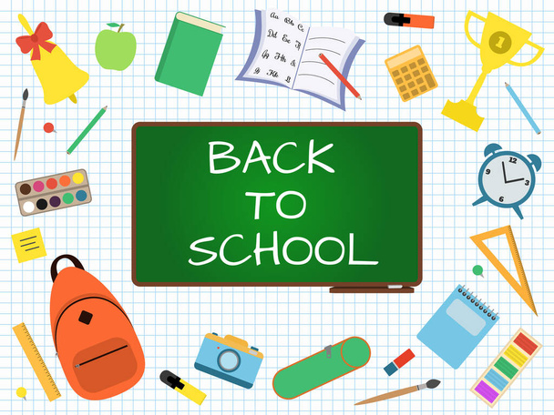 Back to school banner with green blackboard and student items on white squared paper - Vettoriali, immagini