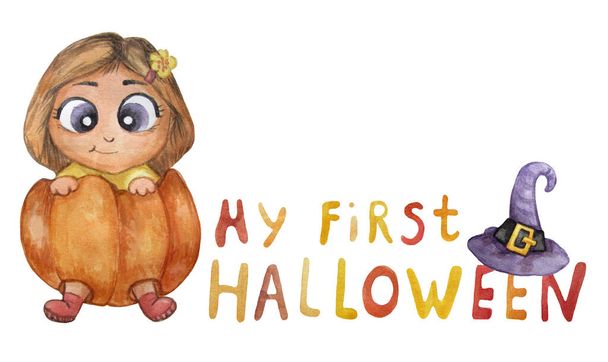 Il mio primo Halloween. Graziosa illustrazione di un bambino seduto in una zucca. Ragazza celebra il primo Halloween. Accanto al testo c'è un cappello da strega. Acquerello - Foto, immagini