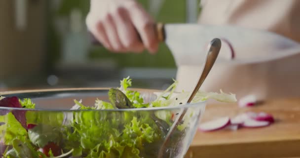 Mulher cortando rabanete fresco para salada de legumes na cozinha
 - Filmagem, Vídeo